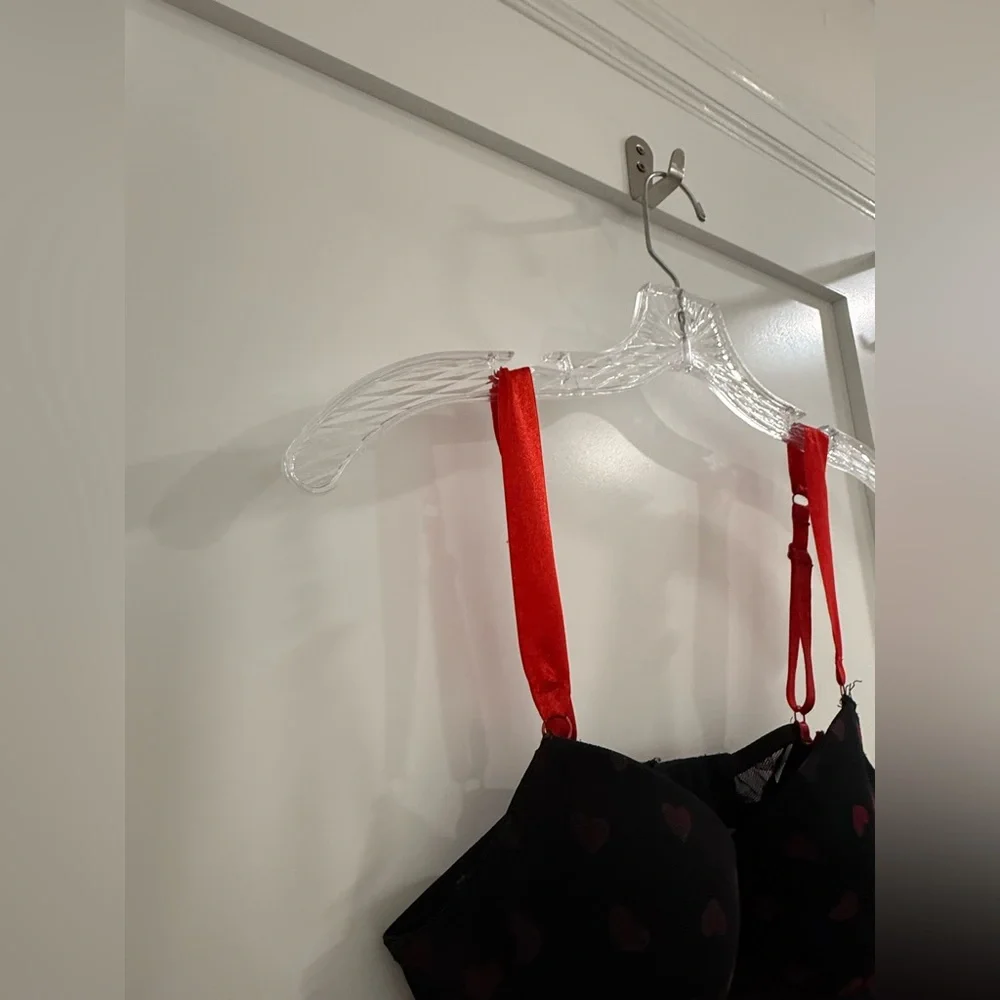 Per Lei black + red mesh babydoll lingerie top w/ lace and flocked hearts